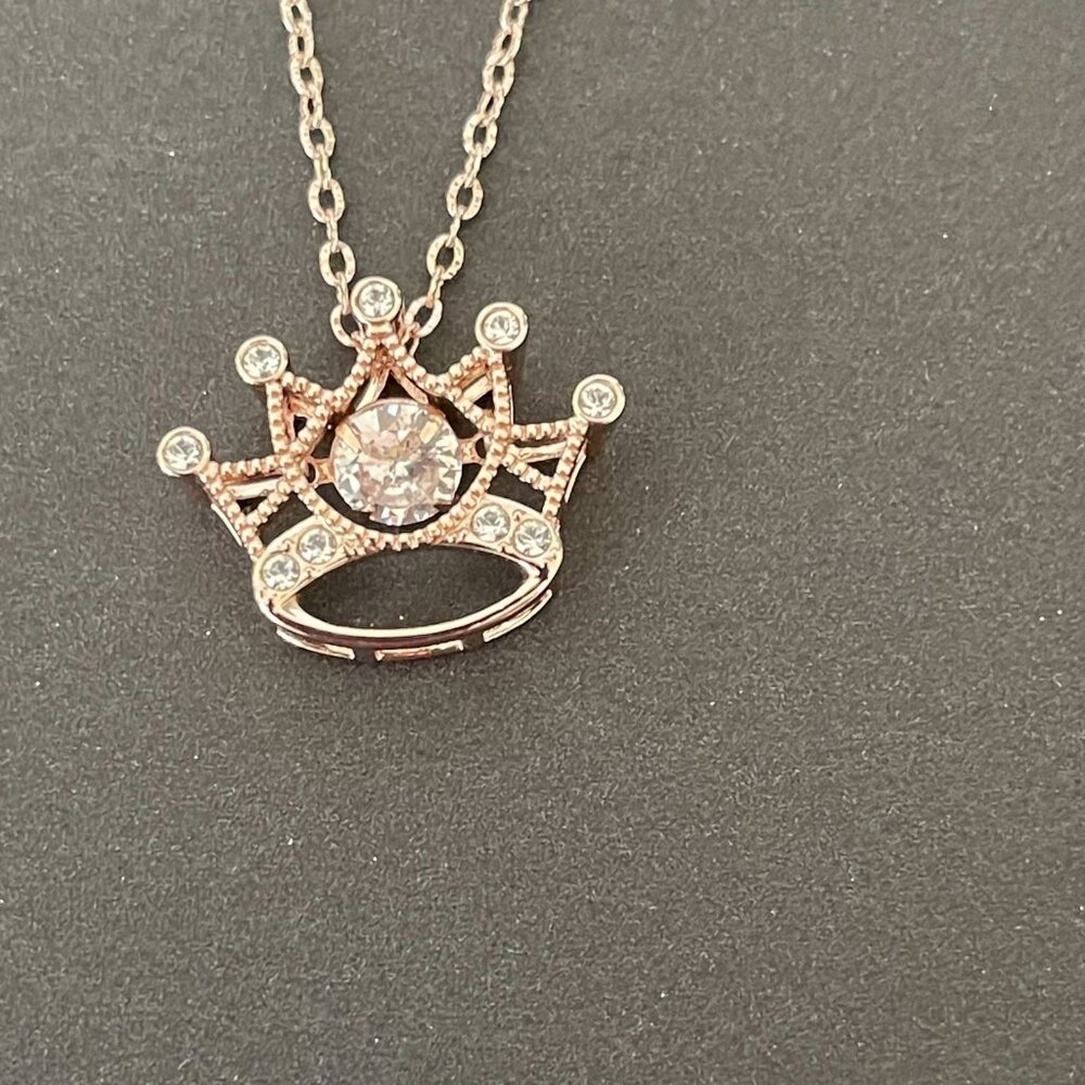 Disney Parks Princess Crown Tiara 18" Necklace Rose Gold Tone W/Rhinestones
